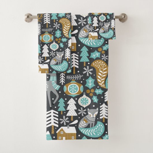 Bosdieren Sneeuwvlokken Scandinavische Kerstmis Bad Handdoek (Insitu)