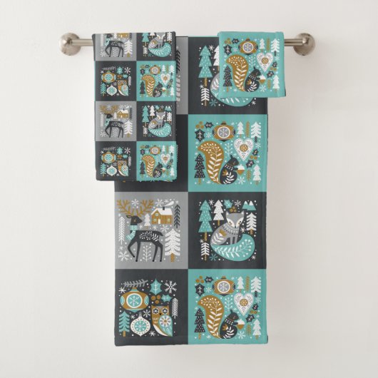 Bosdieren Sneeuwvlokken Scandinavische Kerstmis Bad Handdoek (Insitu)