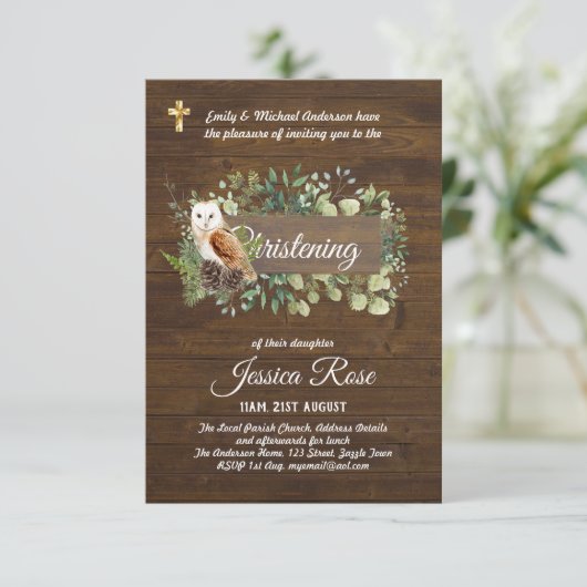 Bosdieren Uil Doop Uitnodiging Doopfeest (Staand voorkant)