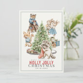 Bosdieren verzamelen kerstboom feestdagenkaart (Staand voorkant)