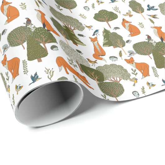 Bosdieren: vossen, vogels patroon cadeaupapier (Rol Hoek)