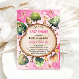 Bosdieren Watercolor Roze Baby Meisje Shower Kaart