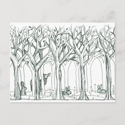 Bosdieren Winterbomen Sneeuwkonijnen Herten Briefkaart (Voorkant)