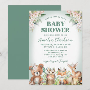 Bosdieren Zacht Groen & Bloemen Baby shower Kaart