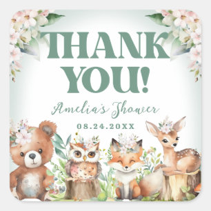 Bosdieren Zachte Groene & Bloemige Baby Shower Vierkante Sticker