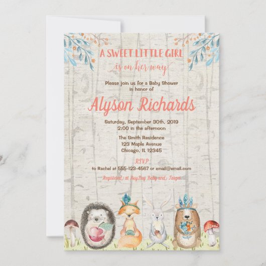 Bosdiervrienden boerenmeisje baby shower kaart (Voorkant)