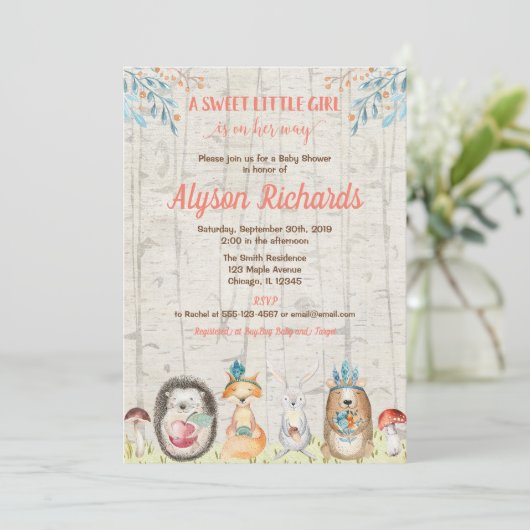 Bosdiervrienden boerenmeisje baby shower kaart (Staand voorkant)