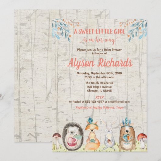 Bosdiervrienden boerenmeisje baby shower kaart (Voorkant / Achterkant)