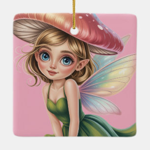 Bosfee met Paddenstoelen Hoed Illustratie Keramisch Ornament