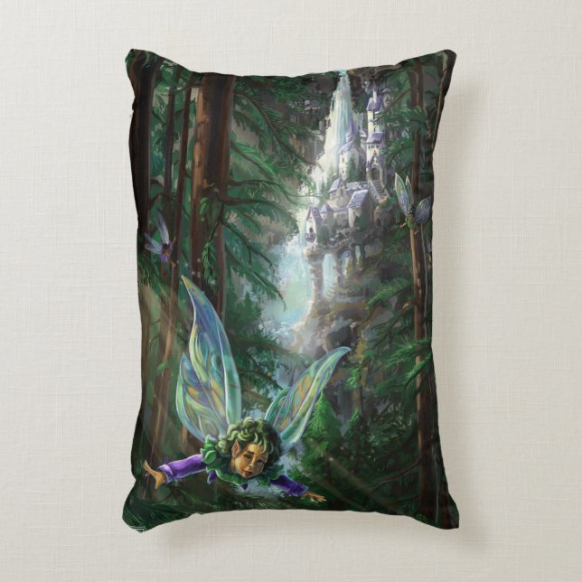 Bosfeeën en Waterval Kasteel Decoratief Kussen (Voorkant(Verticaal))