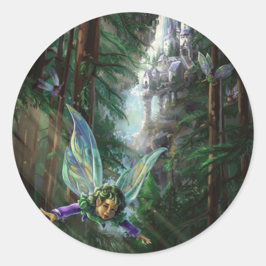 Bosfeeën en Waterval Kasteel Kunst Ronde Sticker (Voorkant)