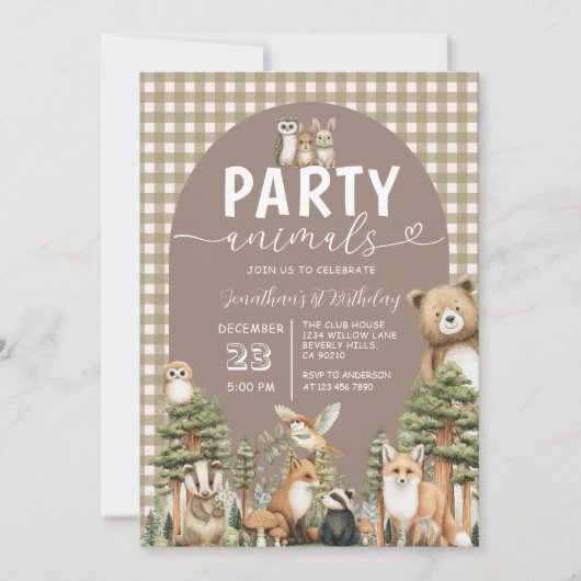Bosfeestje Dieren 1e Verjaardag Gingham Kaart (Voorkant)