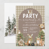 Bosfeestje Dieren 1e Verjaardag Gingham Kaart (Voorkant / Achterkant)