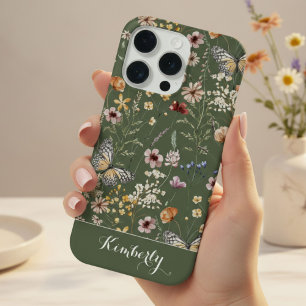 Bosgroen Aquarel Wilde Bloemen Patroon Naam  iPhone 15 Pro Case