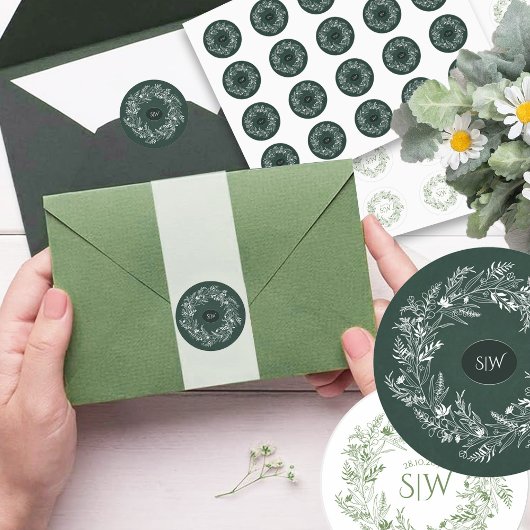 Bosgroen Bladerig Krans Monogram Natuur Ronde Sticker