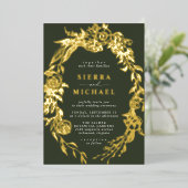 Bosgroen en goud | Moss Lente Tuin Bruiloft Folie Uitnodiging (Staand Voorkant)