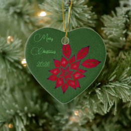 Bosgroen en rode poinsettia keramisch ornament