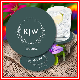 Bosgroen en Wit | Modern Monogram Initiaal Ronde Kartonnen Onderzetter