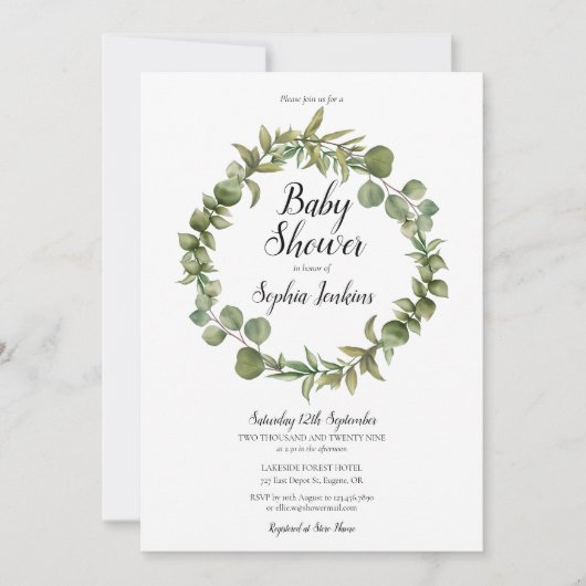 Bosgroen Eucalyptus Script Baby Shower Kaart (Voorkant)