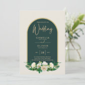 Bosgroen Goud Witte Rozen Winter Huwelijk Kaart (Staand voorkant)