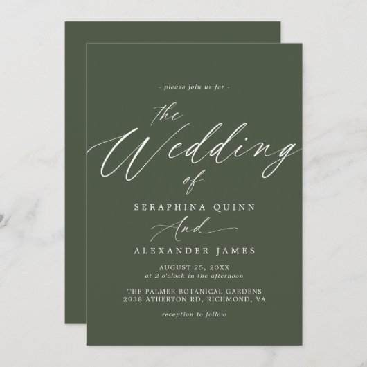 Bosgroen | Modern Script Eenvoudige bruiloft Kaart (Voorkant / Achterkant)