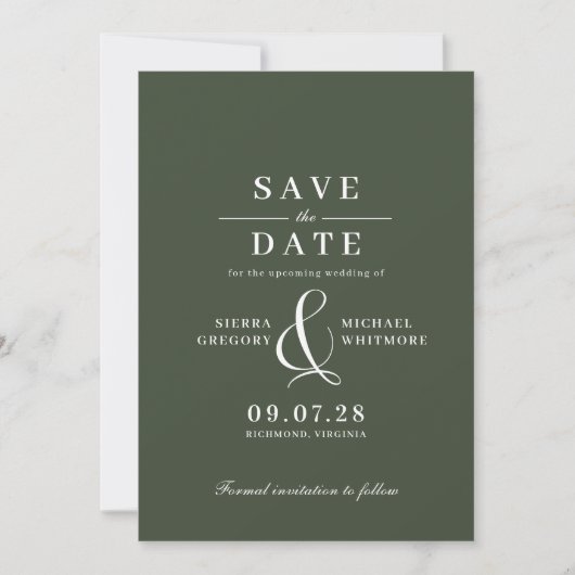 Bosgroen mos | Formele moderne retro typografie Save The Date (Voorkant)