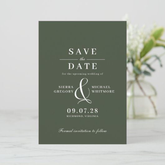 Bosgroen mos | Formele moderne retro typografie Save The Date (Staand voorkant)