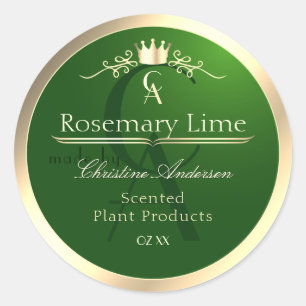 Bosgroen productlabel gouden frame en monogram ronde sticker