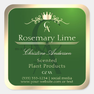 Bosgroen productlabel gouden frame en monogram vierkante sticker
