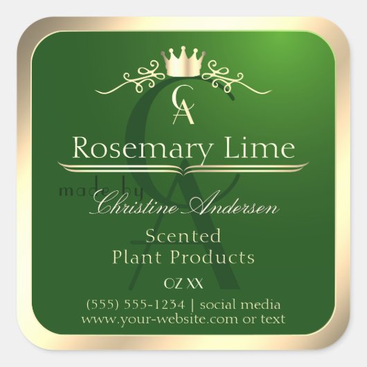 Bosgroen productlabel gouden frame en monogram vierkante sticker (Voorkant)