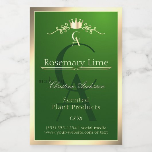 Bosgroen productlabel gouden frame en monogram voedselcontainer etiket (Enkel label)