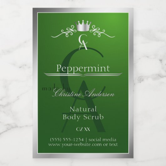 Bosgroen productlabel zilveren frame monogram voedselcontainer etiket (Enkel label)