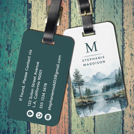 Bosgroen Waterverf Bergen Meer Monogram Bagagelabel
