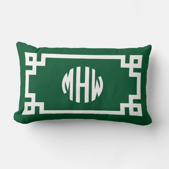 Bosgroen Witte Cirkel Monogram Griekse Sleutel DIY Kussen (Voorkant)
