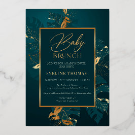 Bosgroene bladeren en baby voor echte goudfolie folie uitnodiging