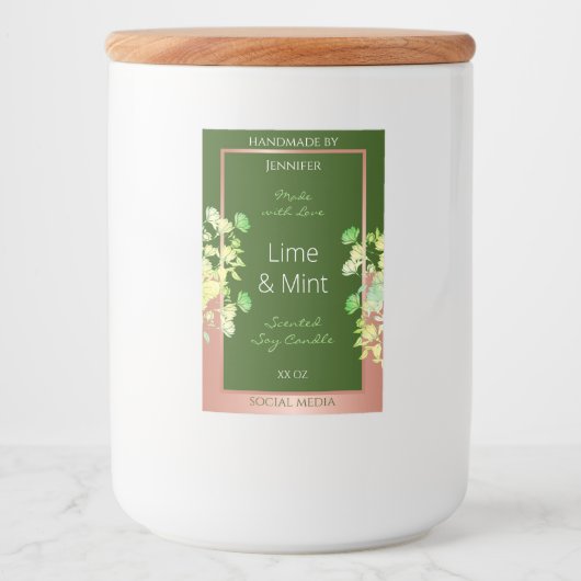 Bosgroene bloemenproductlabels met roze goud voedselcontainer etiket (Voorkant)