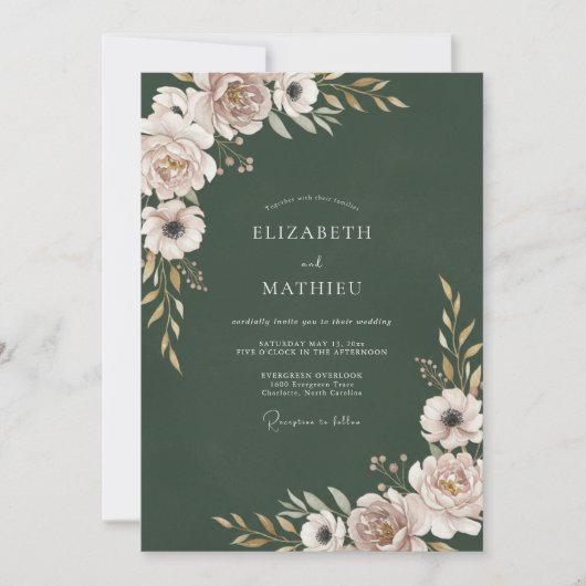 Bosgroene Blush Bloemen Bruiloft Kaart (Voorkant)