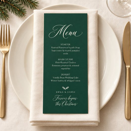 Bosgroene Elegante Script Kerst Huwelijksmenu Menu