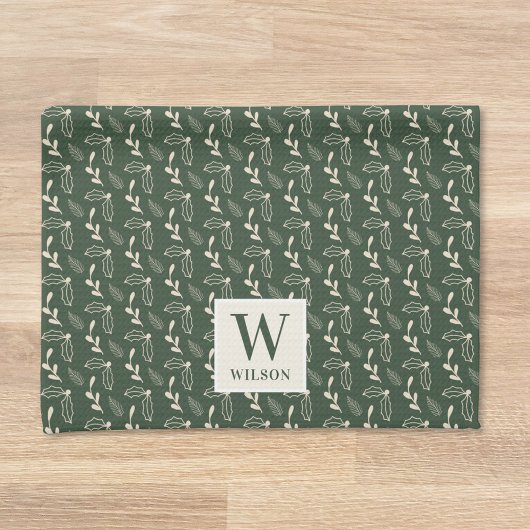 Bosgroene en beige monogram naam kerst theedoek
