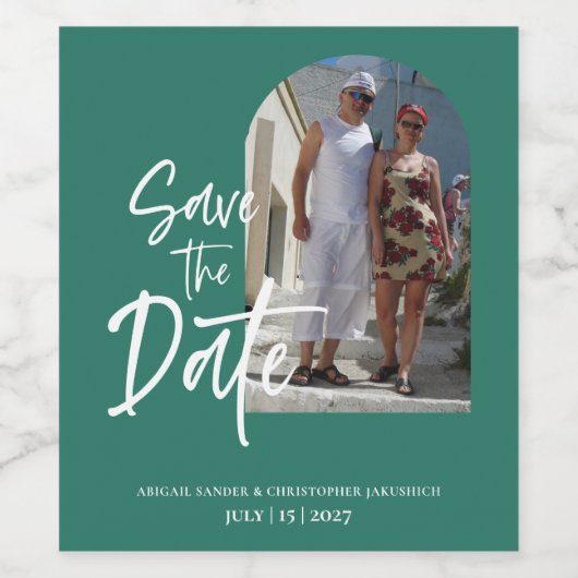 Bosgroene foto Sla de datum op uitnodiging Wijn Etiket (Enkel label)