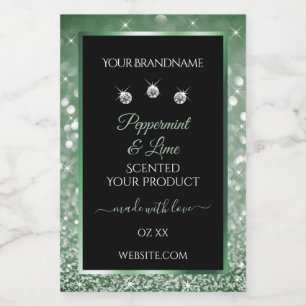 Bosgroene glitters Zwarte productlabel juwelen Voedselcontainer Etiket