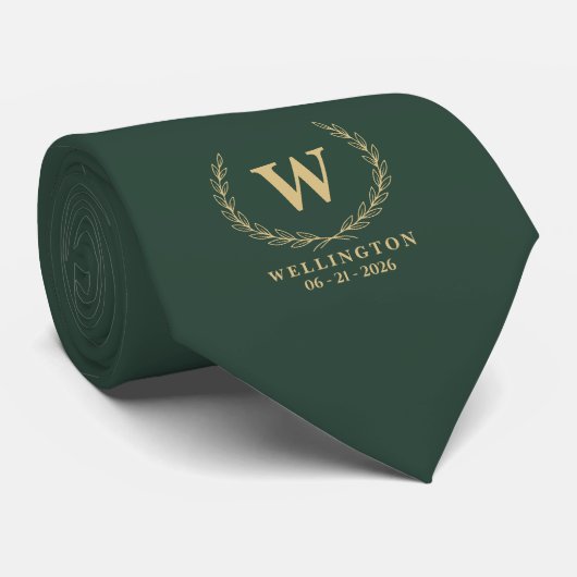 Bosgroene Gouden Lauwer Monogram Huwelijksdatum Stropdas (Opgerold)