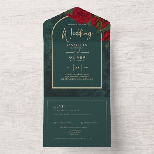 Bosgroene gouden rode rozen wintertrouw all in one uitnodiging (Binnen)