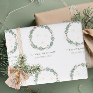 Bosgroene Gouden Sterren Kerst Familie Naam Cadeaupapier
