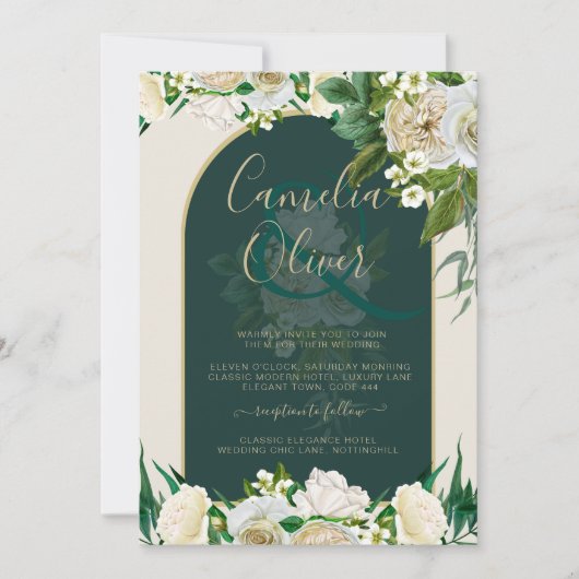Bosgroene Gouden Witte Rozen Winter Bruiloft Kaart (Voorkant)