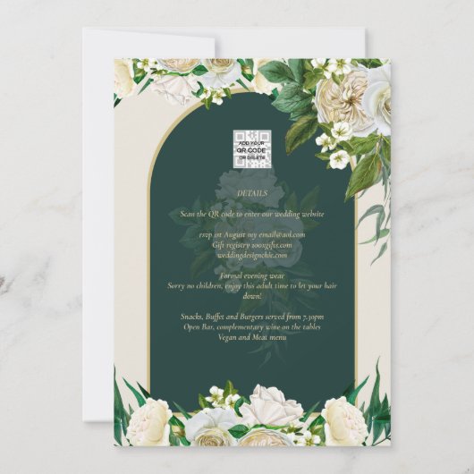 Bosgroene Gouden Witte Rozen Winter Bruiloft Kaart (Achterkant)