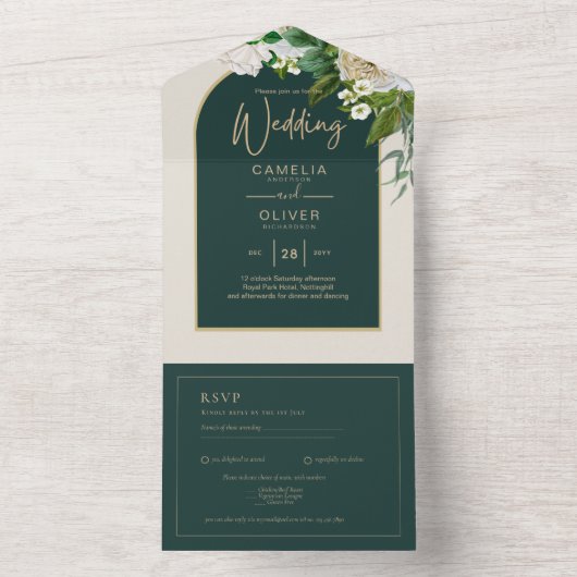 Bosgroene Gouden Witte Rozen Winterhuwelijk All In One Uitnodiging (Binnen)