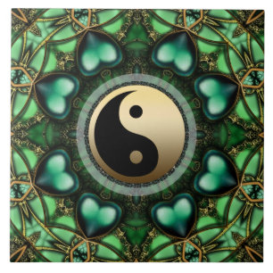 Bosgroene Harten Gouden Yin Yang Keramische Tegel Tegeltje