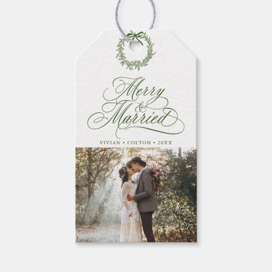 Bosgroene Merry & Married Pasgetrouwd Foto Cadeaulabel (Voorkant)