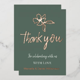 Bosgroene minimale bloemige trouwthank-you folie uitnodiging